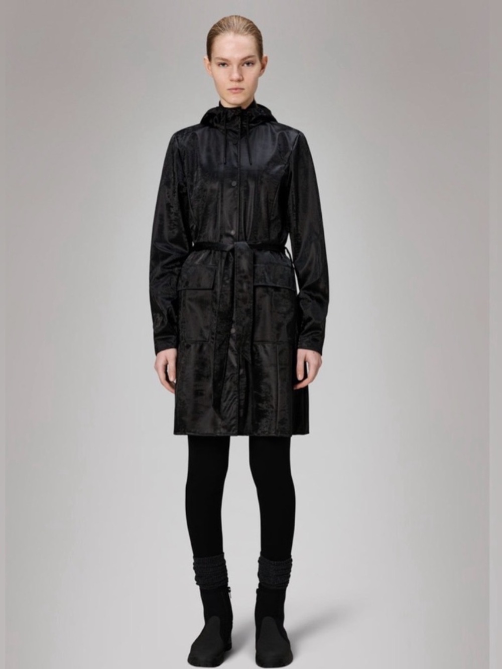 NWT: Rains Curve Long Hooded & Belted Raincoat, Lightweight & Flattering, sz. xs